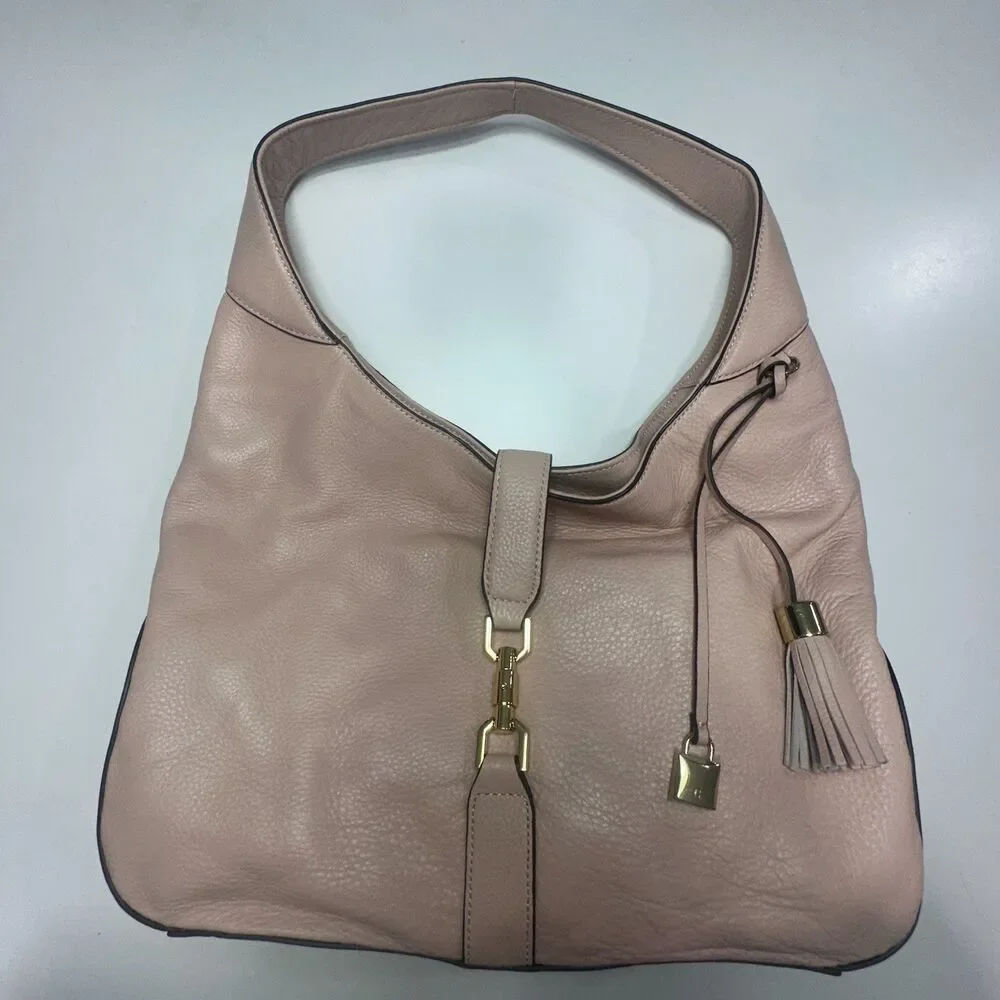 Blush Pink Genuine Leather Slouchy Hobo Shoulder Bag Gold Clasp Medium Large